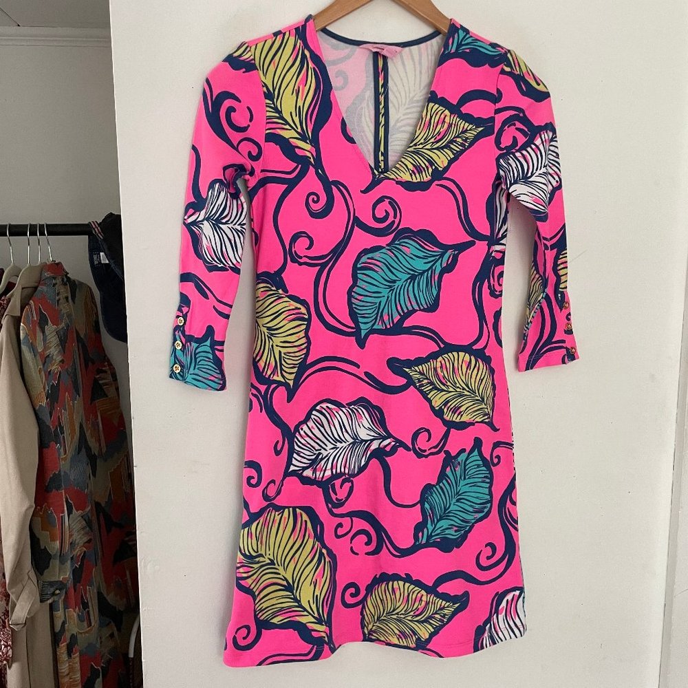 New Lilly Pulitzer Clarke Shift Dress XS Hot Pink Leaves In The Breeze Tropical